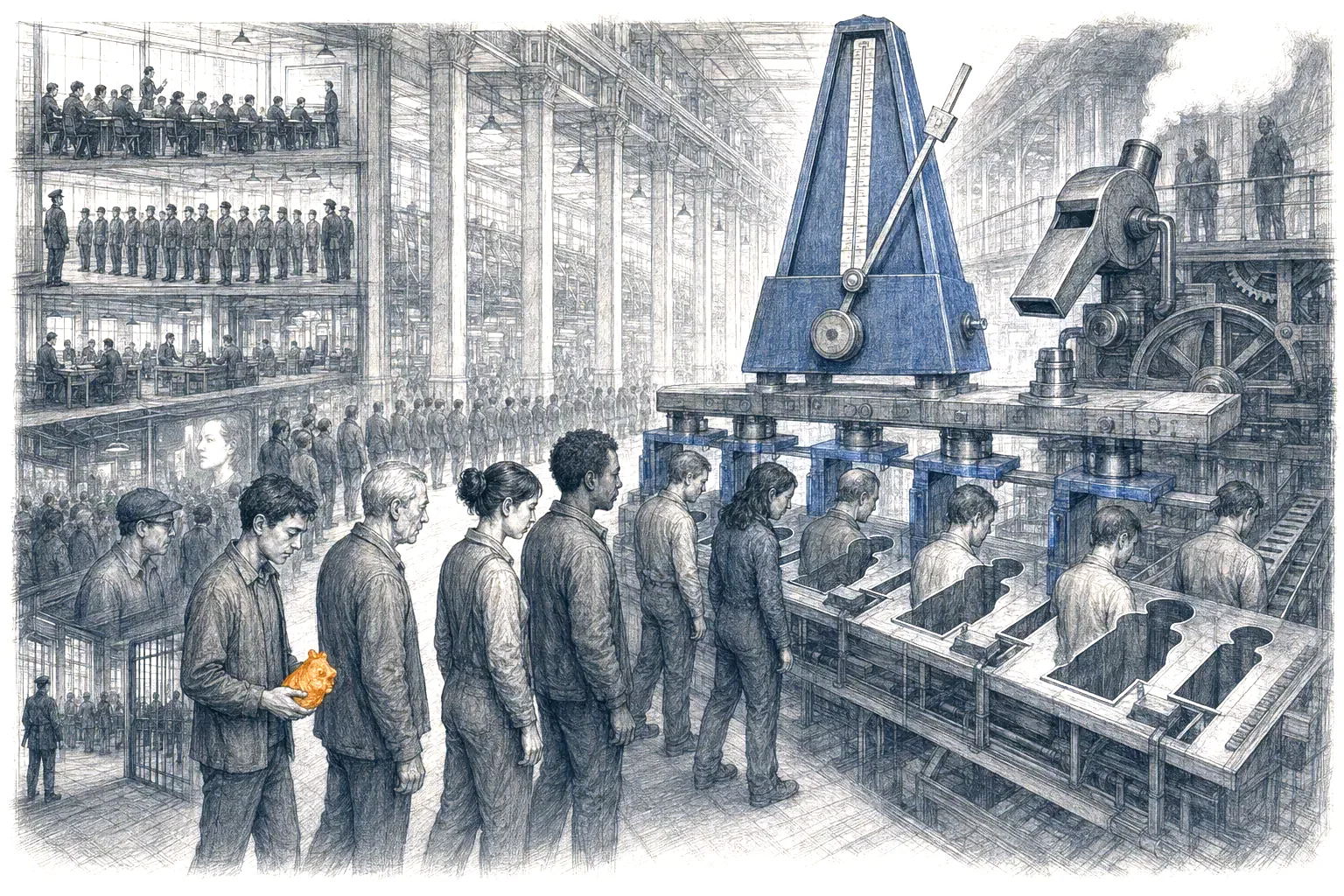 People queue at a giant factory metronome, each holding a small orange spark