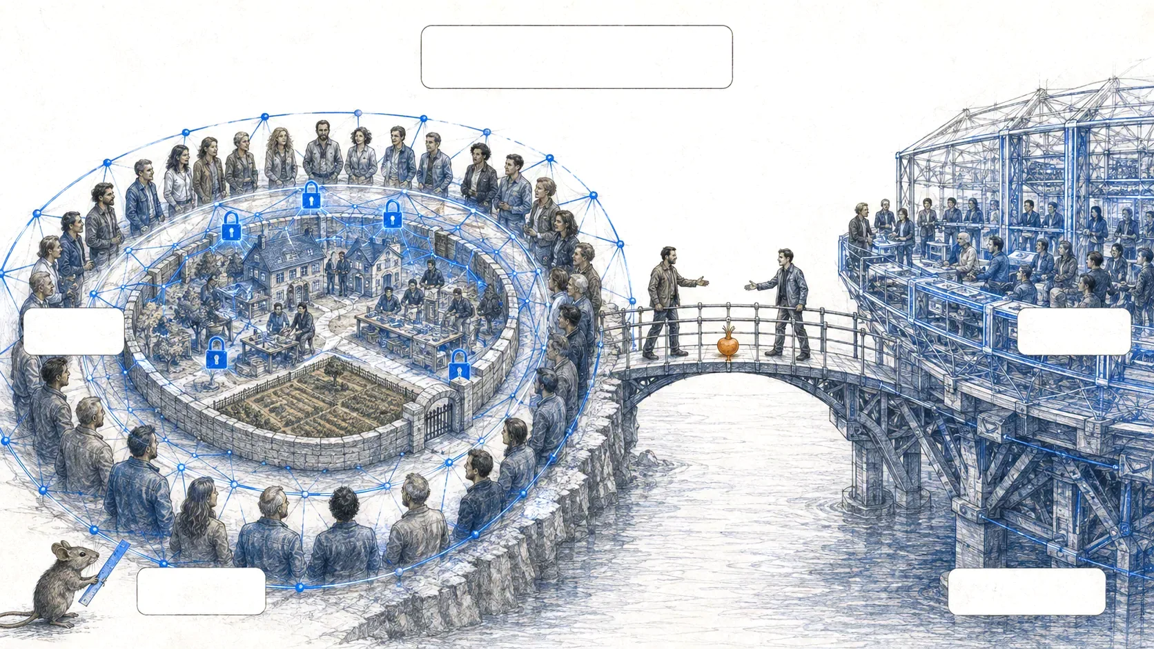On the left, the protected ring of the community; on the right, a platform; on the bridge between them two people shake hands over an orange turnip