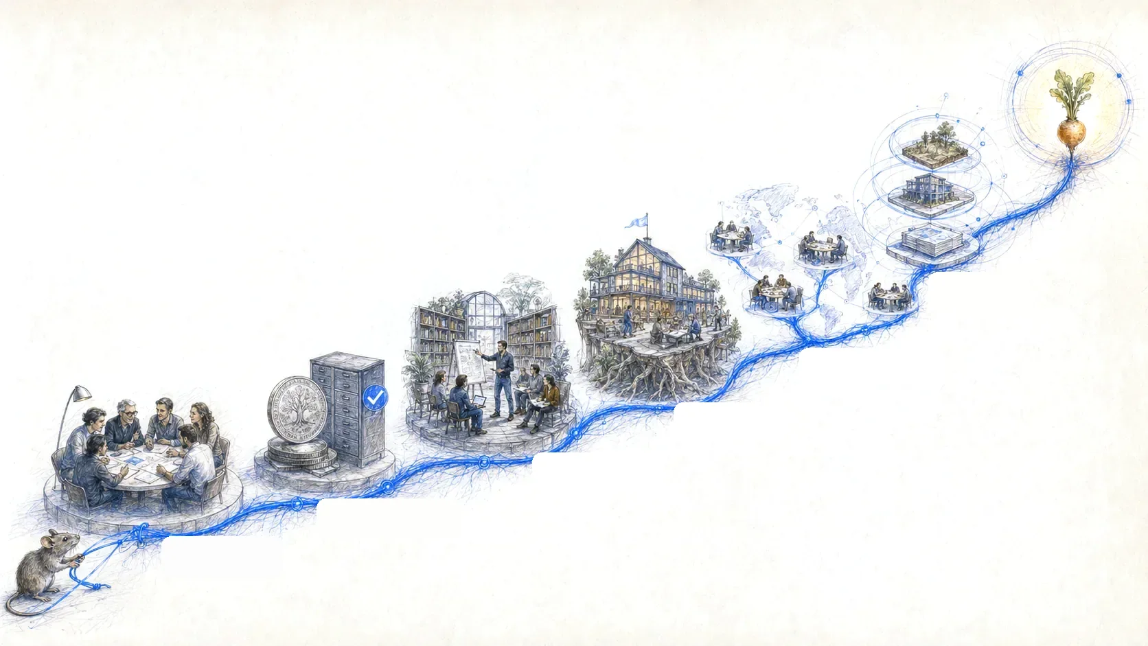 A path from a round table to a giant turnip: six scenes joined by a blue thread, with a mouse at the start