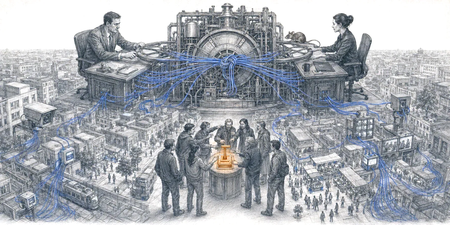 Two people at a shared console run a city network; below, people gather around an orange fire